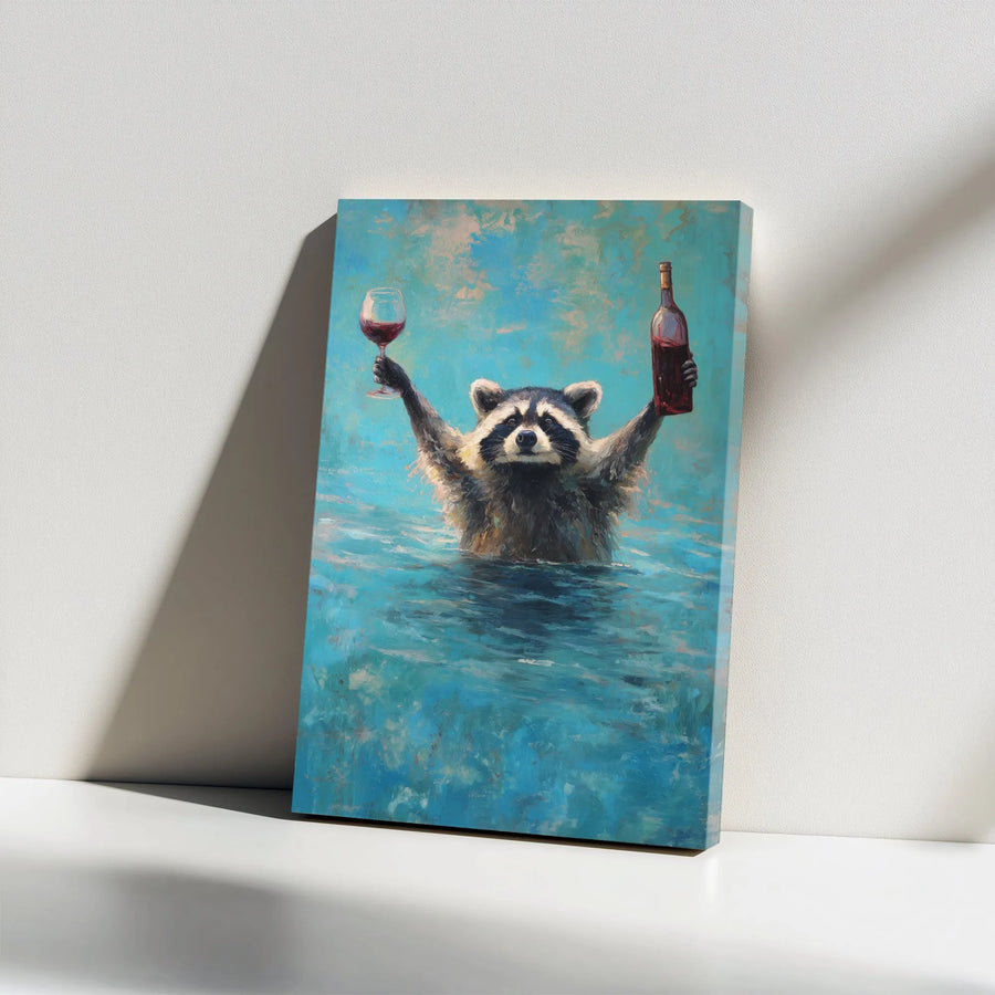 Raccoon Drinking Wine Canvas Art | Funny Animal Oil Painting Print | Premium Gallery Wrap Decor | Unique Gift For Wine Lovers & Home Bar