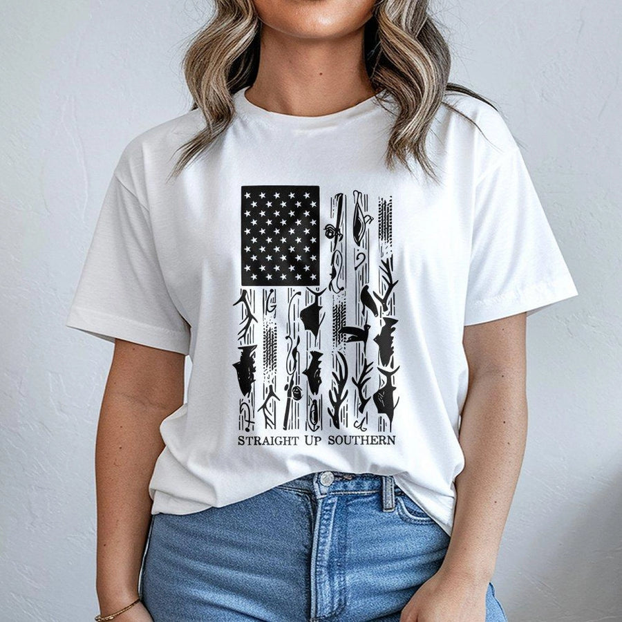 American Flag Fishing Shirt | Patriotic Hunting and Outdoors Graphic Tee | Premium Cotton Casual Apparel | Gift for Outdoorsmen and Sportsmen