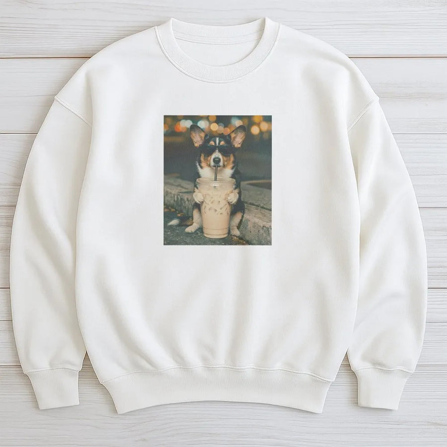Funny Corgi Sweatshirt | Corgi with Sunglasses Drinking Coffee | Soft Cotton Polyester Blend | Gift for Dog Mom & Corgi Lover
