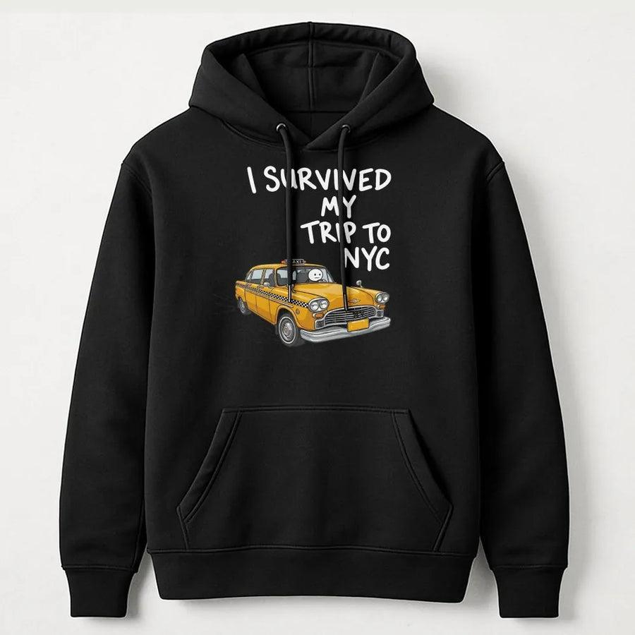 I Survived My Trip To NYC Hoodie | Funny New York Yellow Taxi Graphic | Soft Cotton Blend Pullover | Premium Traveler Gift Souvenir