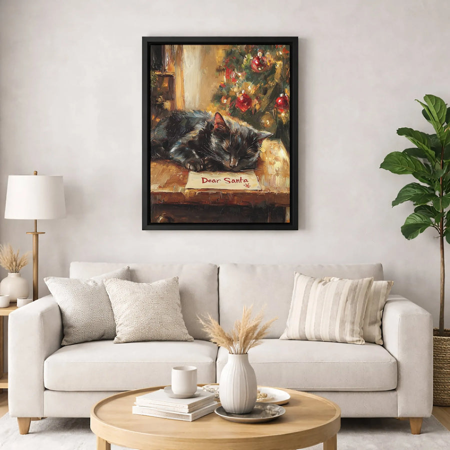 Sleeping Cat Christmas Canvas Wall Art | Dear Santa Letter Painting | Premium Gallery Wrap Print | Festive Holiday Home Decor Gift