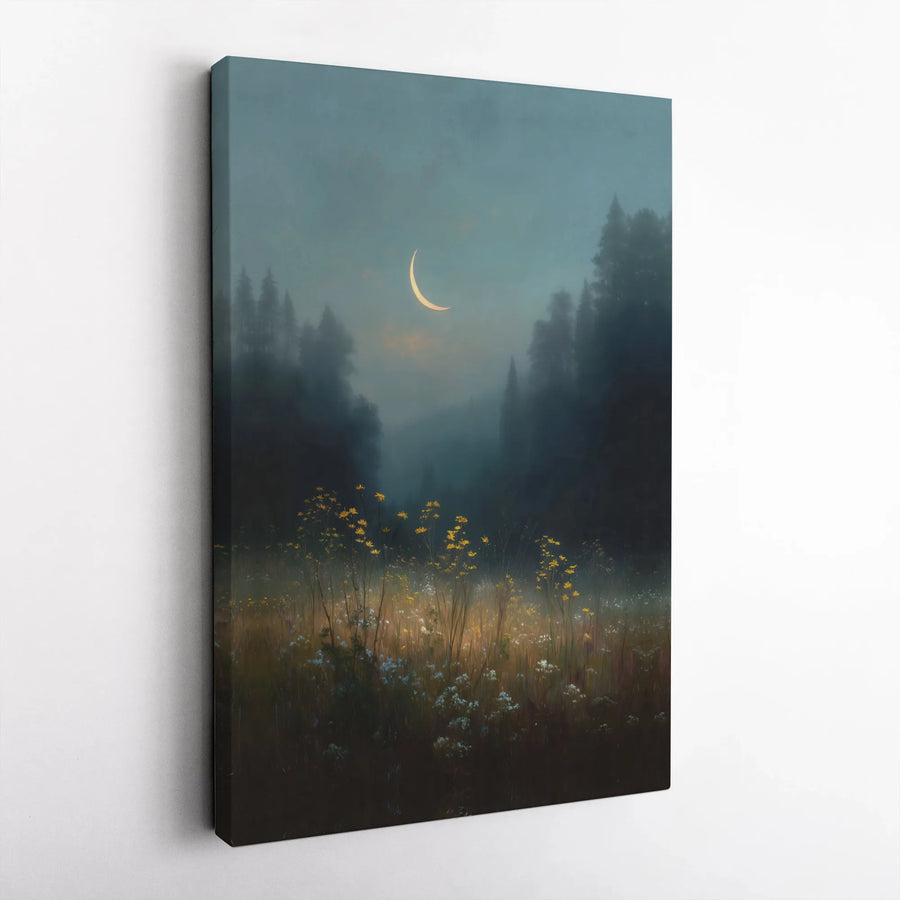 Misty Forest Wall Art | Wildflower Meadow Under Crescent Moon | Gallery Wrapped Premium Canvas | Serene Nature Landscape Decor for Home