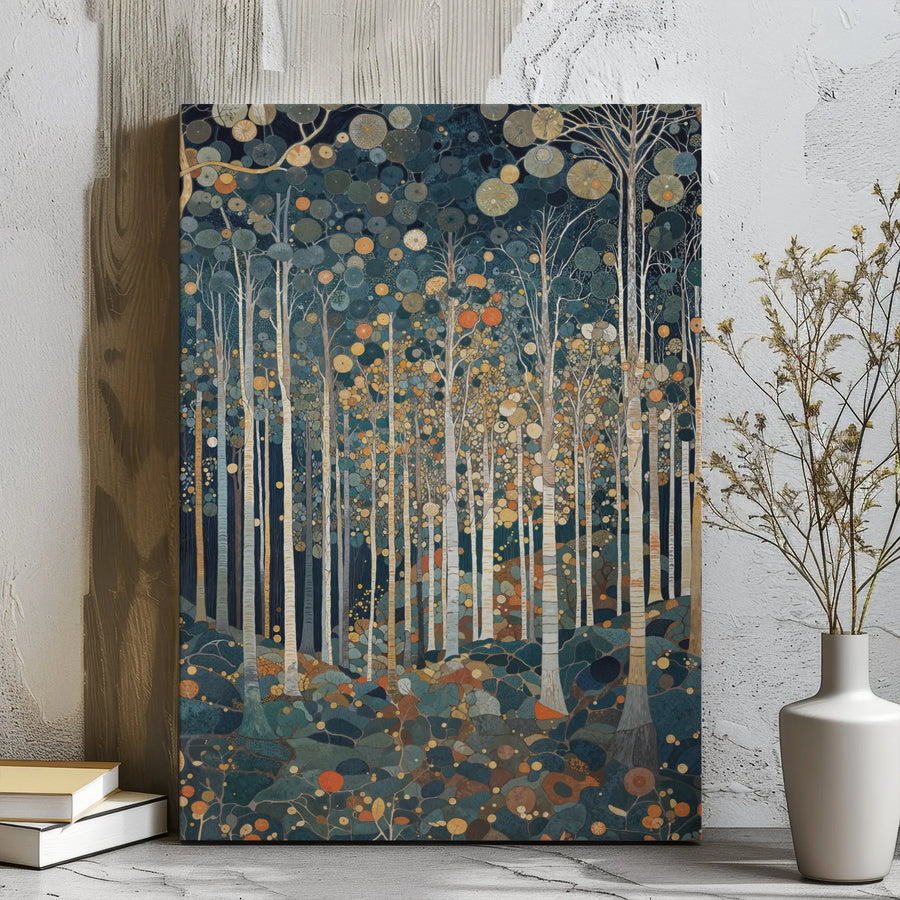 Abstract Birch Tree Forest Canvas Wall Art | Whimsical Circular Leaf Pattern | Gallery-Wrapped Premium Print | Nature-Inspired Home Decor Gift