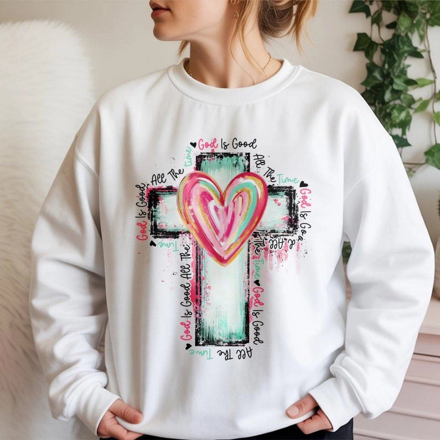 God Is Good All The Time Sweatshirt | Watercolor Cross & Heart Design | Premium Cotton Blend | Christian Religious Gift for Women and Men