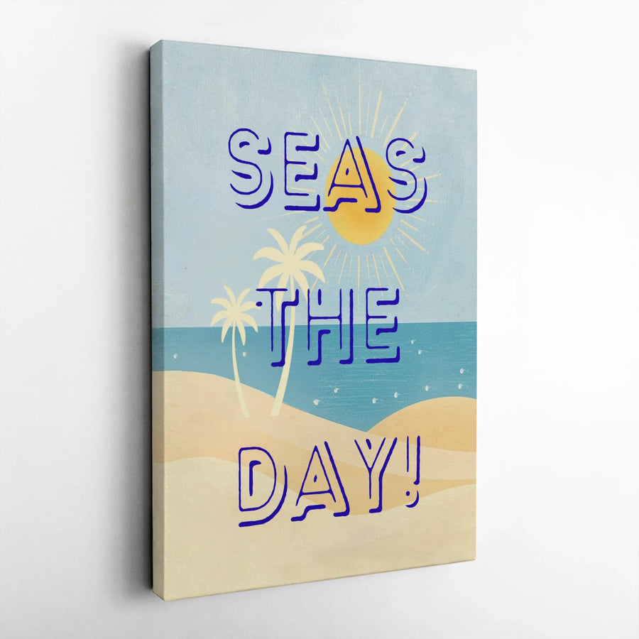 Seas The Day Canvas Wall Art | Retro Typography Positive Quote | Premium Gallery Wrapped Canvas | Coastal Home Decor Gift for Beach Lover
