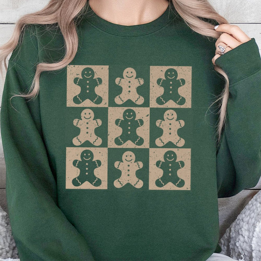 Gingerbread Man Sweatshirt | Retro Checkerboard Holiday Print | Soft Cotton-Blend Crewneck | Cute Christmas Gift For Her Or Him