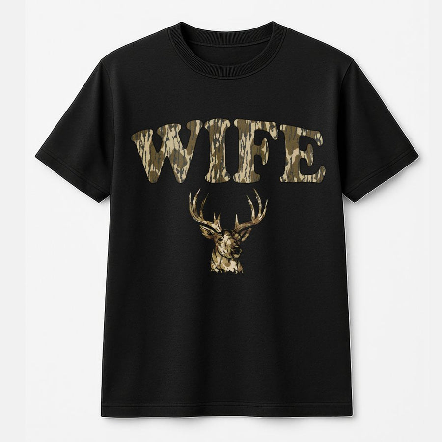Hunting Wife T-Shirt | Camo Deer Antler Print Design | 100% Soft Cotton Tee | Outdoor Lifestyle Gift for Her