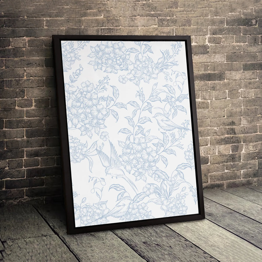 Blue Toile Floral Canvas Wall Art | Botanical Bird Illustration Print | 1.25-Inch Gallery Quality | Elegant Home Decor Gift