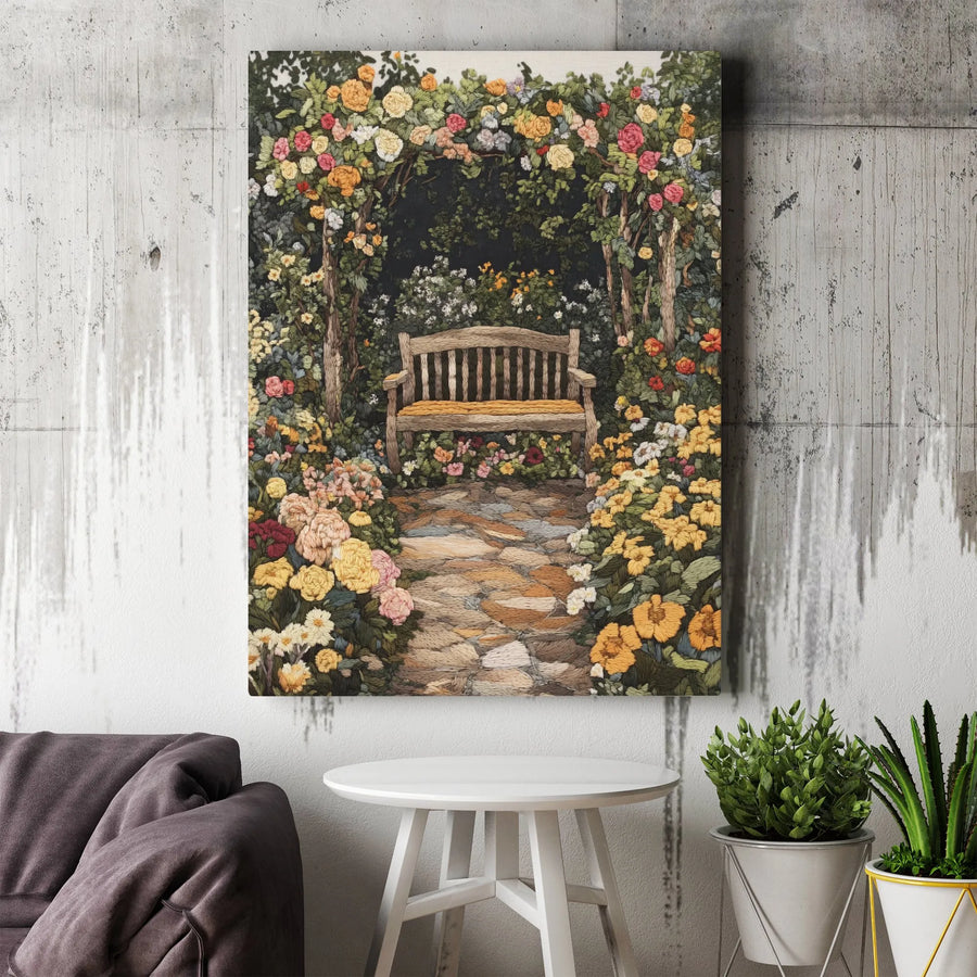 Garden Bench Canvas Wall Art | Textured Floral Archway Landscape | Premium Gallery Wrap Print | Botanical Cottagecore Home Decor Gift