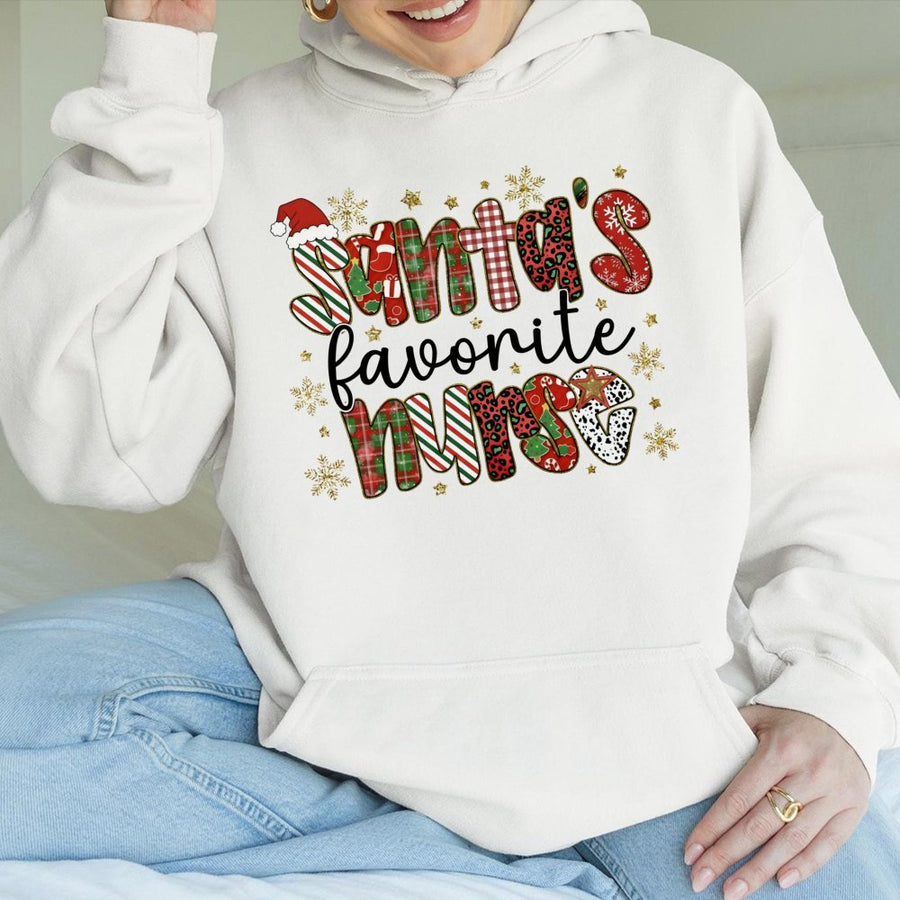 Santa’s Favorite Nurse Hoodie | Christmas Plaid Graphic Sweatshirt | Cotton-Blend Premium Quality | Festive Holiday Gift for Nursing Staff