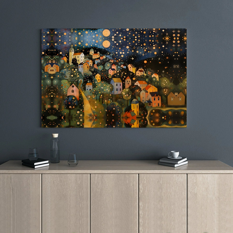 Starry Night Village Canvas Print | Whimsical Folk Art Landscape Wall Decor | Gallery Wrapped Premium Canvas | Enchanting Home & Office Gift