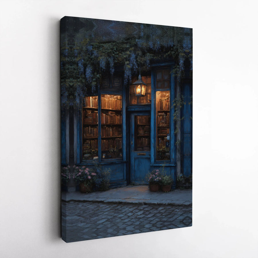 Cozy Bookstore Canvas Print | Nighttime Wisteria Street Art | Gallery Wrap Premium Decor | Literary Gift for Book Lovers & Home Office