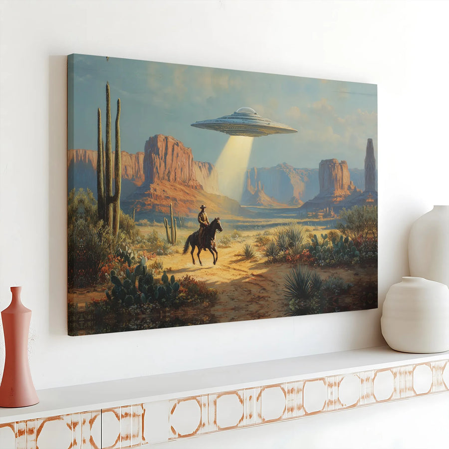Cowboy UFO Western Wall Art | Alien Abduction Desert Landscape Canvas | Premium Gallery Wrap Print | Unique Sci-Fi Home Decor Gift