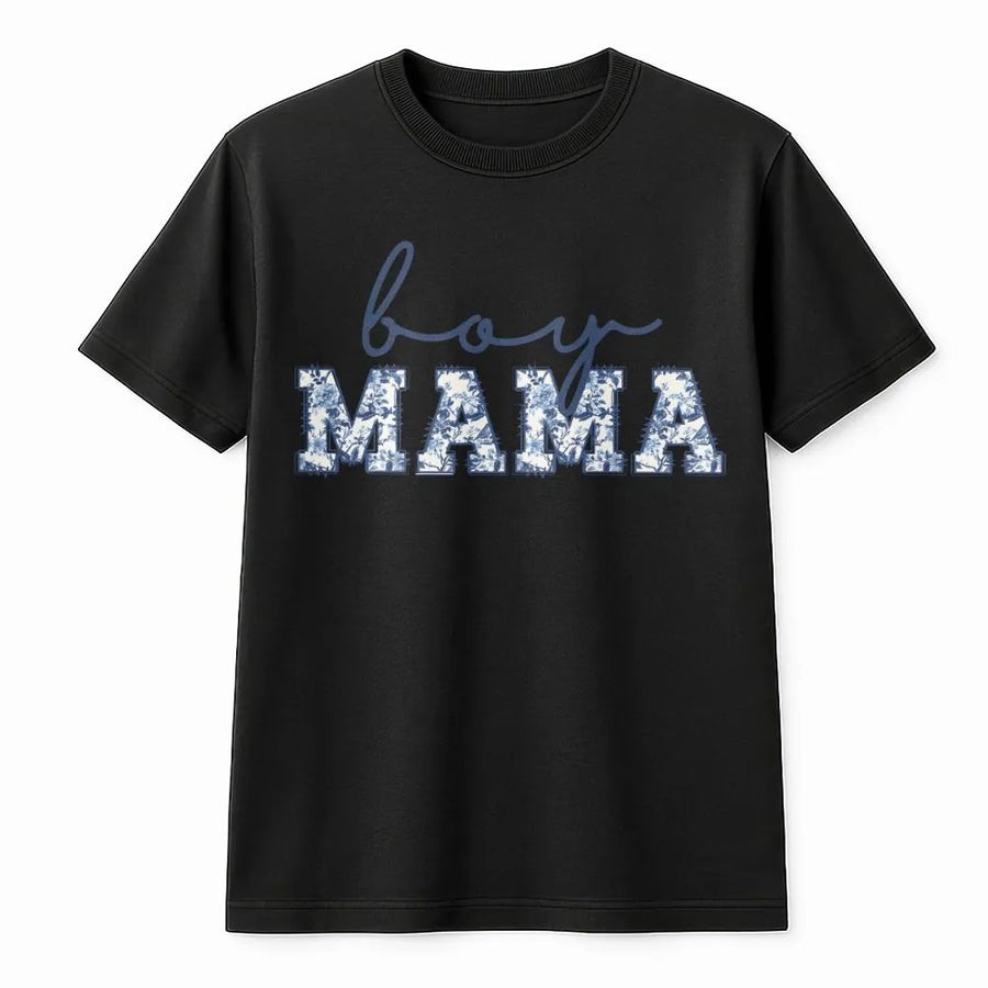 Boy Mama T-Shirt | Blue Toile Floral Lettering | Premium Soft Cotton | New Mom Pregnancy Announcement & Baby Shower Gift