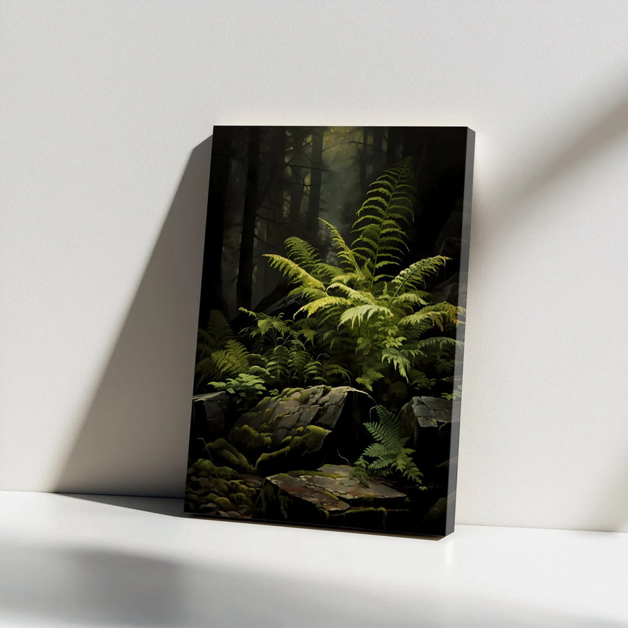 Forest Fern Canvas Wall Art | Moody Dark Forest Scene with Lush Greenery | Premium Gallery Wrapped Print | Nature Lover Gift for Rustic Home Decor