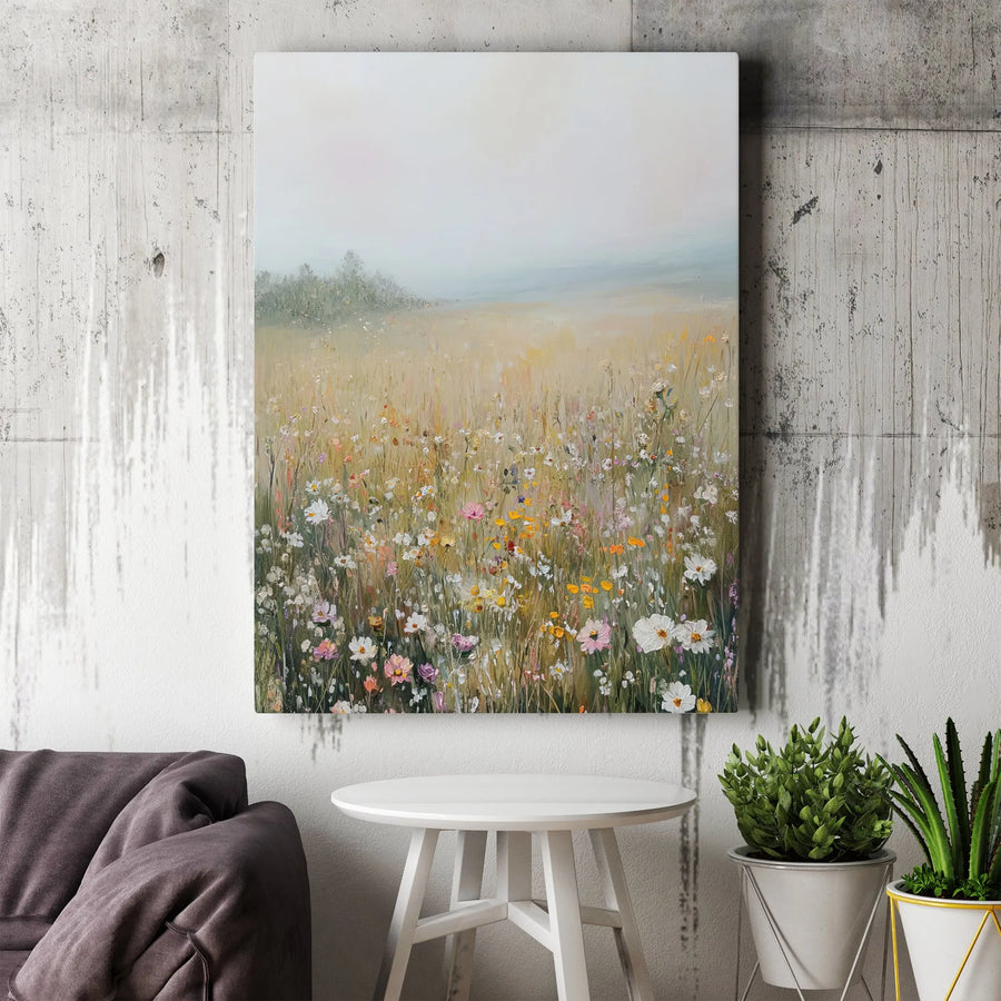 Wildflower Meadow Vertical Canvas | Textured Impressionist Painting Art | Premium Gallery Wrapped Canvas | Farmhouse Living Room Wall Decor Gift