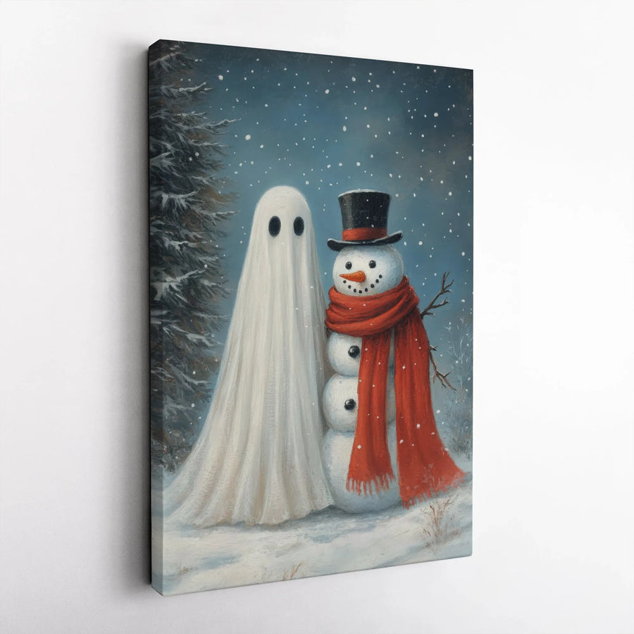 Ghost and Snowman Canvas Wall Art | Spooky Christmas Winter Scene | Premium Gallery Wrap Print | Whimsical Holiday Home Decor Gift