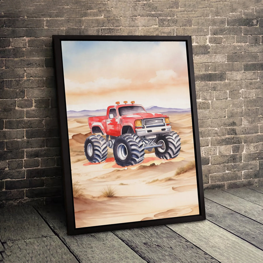 Monster Truck Wall Art | Watercolor Red Off-Road Vehicle in Desert | 1.25-Inch Premium Gallery Canvas | Boys Room Decor & Gift