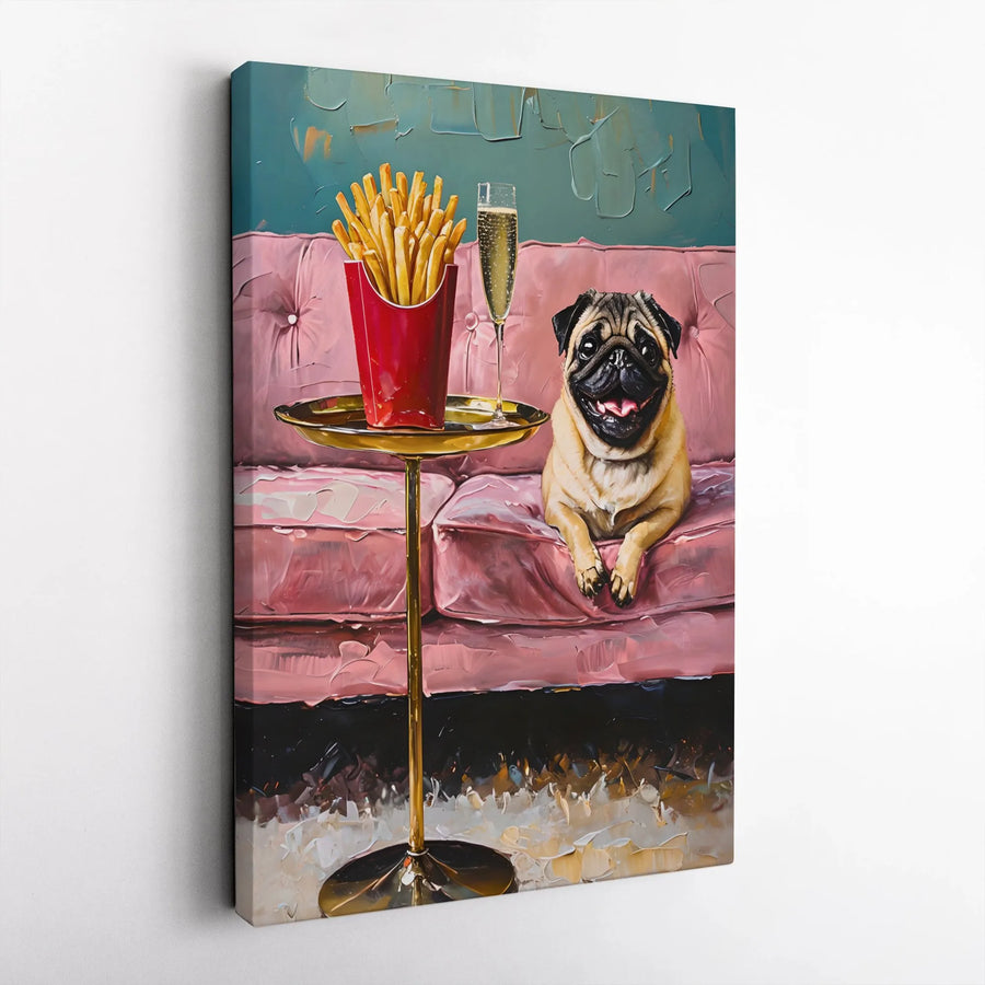 Pug Wall Art Canvas | Whimsical French Fries and Champagne Oil Painting | 1.25" Gallery Wrap | Unique Dog Lover Gift for Home Decor