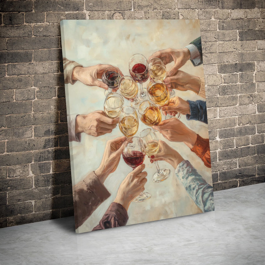 Wine Toast Canvas Wall Art | Cheers Group Celebration Oil Painting | Premium Gallery-Wrapped Print | Kitchen and Dining Room Decor Gift