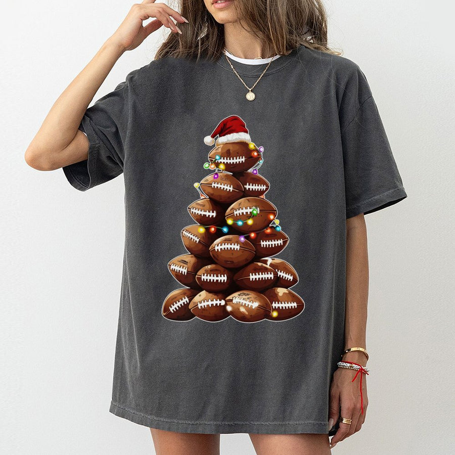 Football Christmas Tree T-Shirt | Sporty Holiday Graphic with Santa Hat & Lights | 100% Cotton Premium Tee | Unique Gift for Football Fans & Coaches