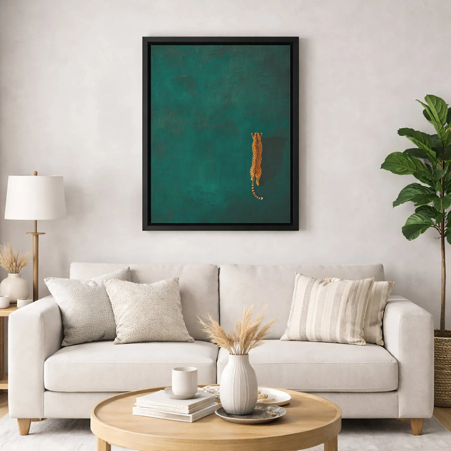 Cheetah Wall Art | Minimalist Leopard Decor On Dark Green Background | Premium Gallery Wrap Canvas | Modern Safari Home Gift