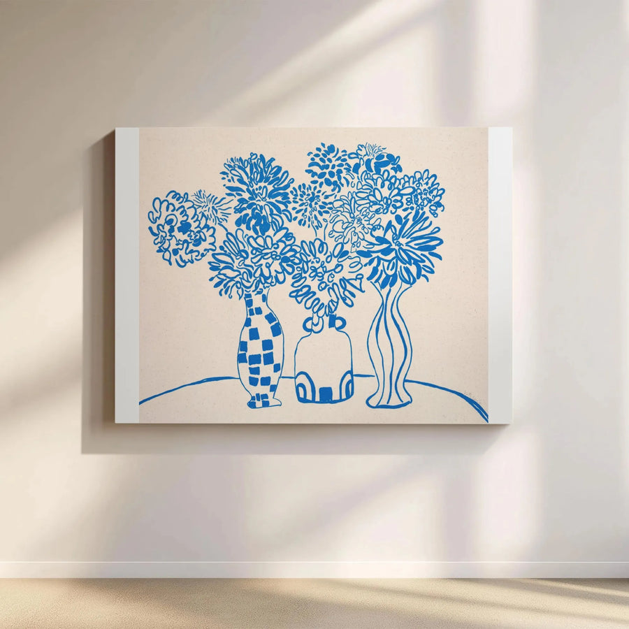 Modern Floral Line Art Canvas Wall Art | Minimalist Blue Still Life with Three Vases | Premium 1.25" Gallery Wrapped Canvas | Modern Boho Living Room Decor Gift