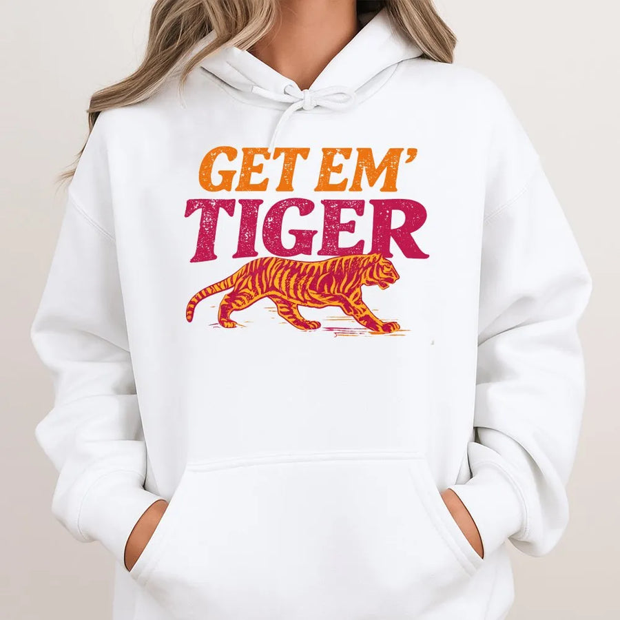 Get Em Tiger Shirt | Retro Mascot Graphic Tee for Game Day | Soft Cotton School Spirit Wear | Gift for Sports Fan, Student, or Alumni