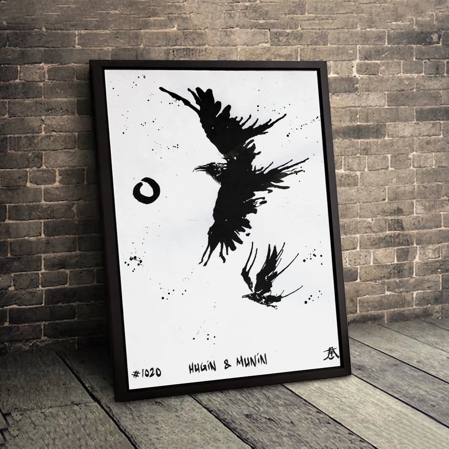 Hugin and Munin Canvas Print | Norse Mythology Raven Wall Art | Premium Ink Wash Gallery Wrap | Viking Decor for Home Office