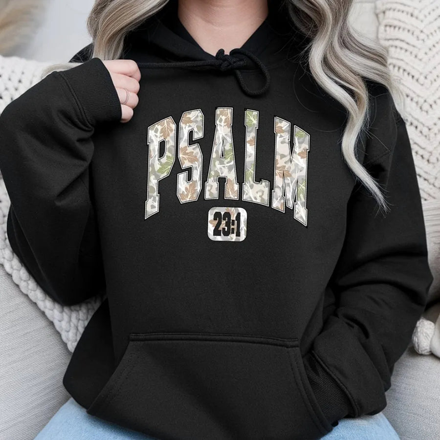 Psalm 23:1 Hoodie | Camo Varsity Letter Graphic | Premium Cotton Blend | Christian Faith Gift for Men and Women