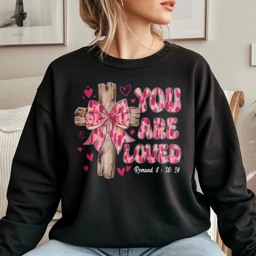 You Are Loved Christian Sweatshirt | Pink Coquette Bow Cross Design | Premium Cotton Blend | Faith Based Valentine Gift for Her