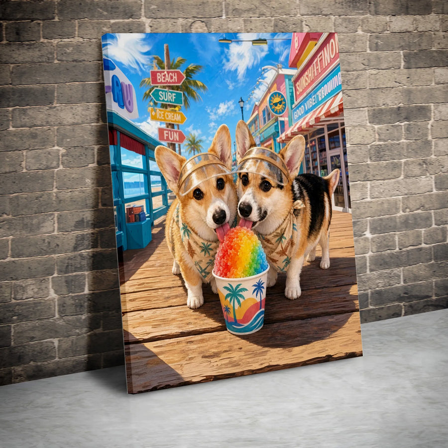 Corgi Beach Art Vertical Canvas | Cute Dogs Eating Rainbow Shaved Ice on Boardwalk | Premium 1.25" Gallery Wrap | Fun Summer Gift for Dog Lovers