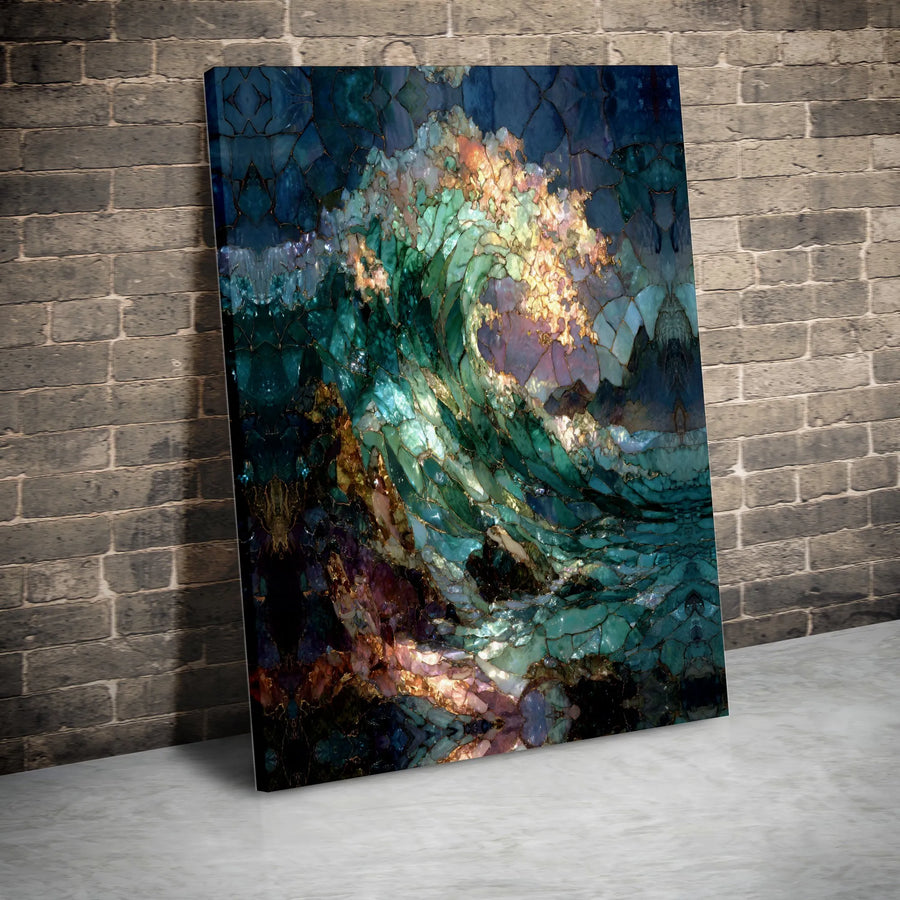 Abstract Ocean Wave Canvas Print | Stained Glass Mosaic Wall Art | Premium Gallery Wrapped Decor | Modern Coastal Home Office Wall Hanging