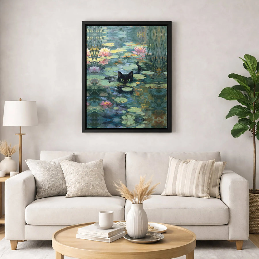 Black Cat in Water Lilies Canvas Wall Art | Impressionist Pond Painting Print | 1.25-Inch Gallery Wrap | Whimsical Home Decor Gift for Cat Lovers