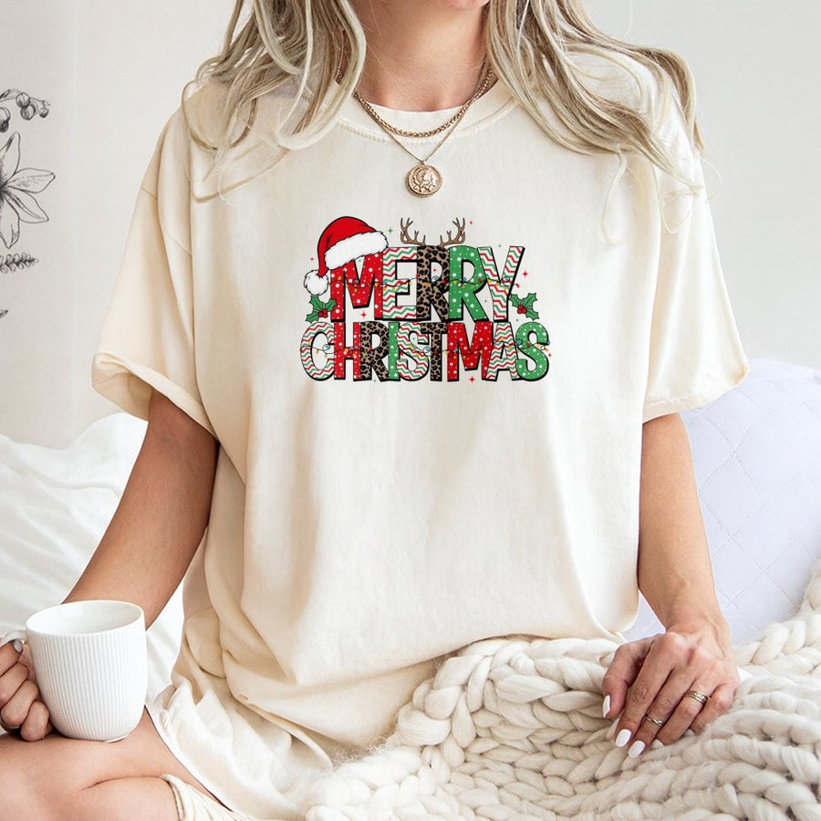 Merry Christmas T-Shirt | Leopard Print Reindeer Antlers Graphic | 100% Premium Cotton | Festive Holiday Apparel Gift for Women and Family