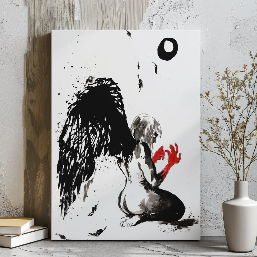 Fallen Angel Canvas Wall Art | Dark Gothic Ink Wash Painting | Premium Gallery Wrapped Decor | Moody Bedroom Gothic Home Decor Gift