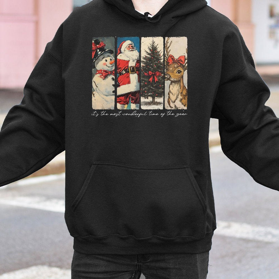 Vintage Christmas Hoodie | Retro Santa Reindeer & Snowman Graphic | Premium Cotton Blend | Holiday Coquette Bow Gift for Women & Men
