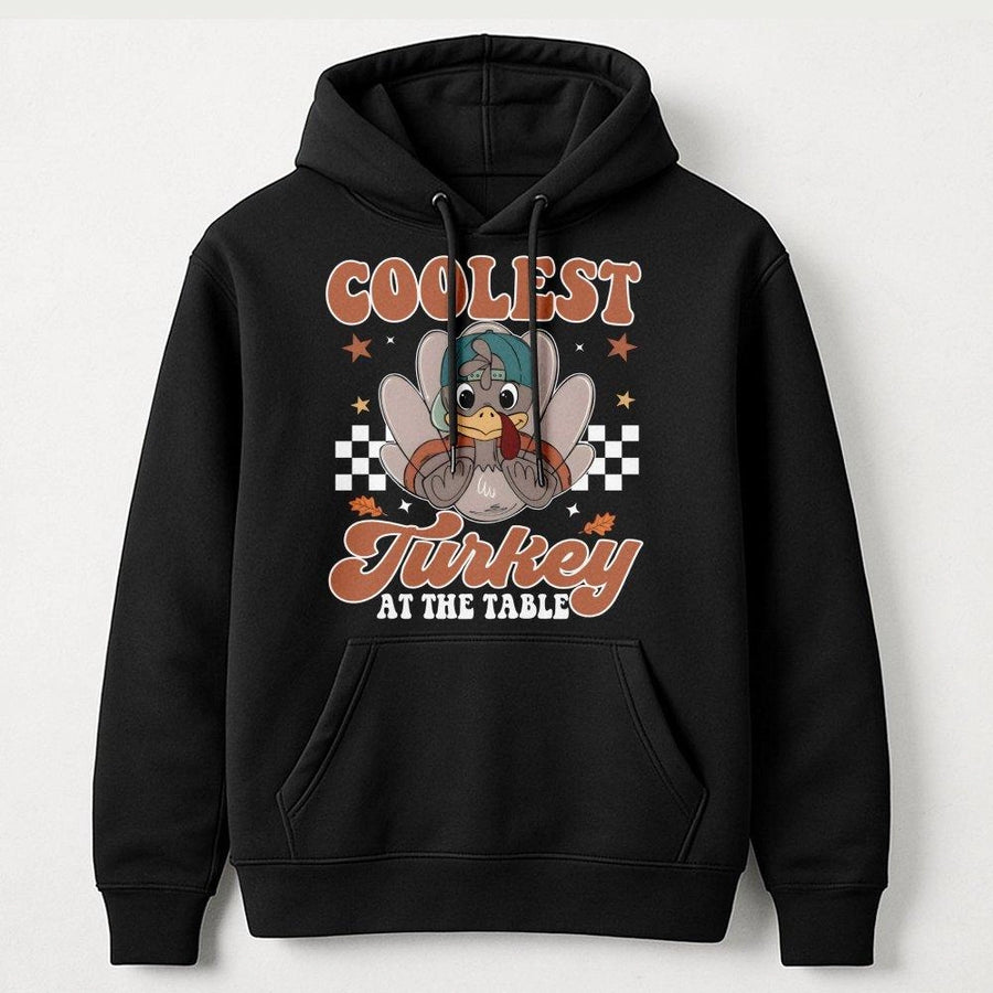 Coolest Turkey At The Table Hoodie | Retro Thanksgiving Cartoon Graphic | Premium Cotton-Poly Blend | Funny Fall Holiday Gift For Family