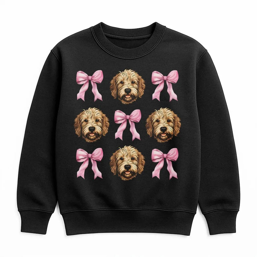 Goldendoodle Sweatshirt | Cute Dog Mom Graphic with Pink Bows | Premium Cotton Blend Crewneck | Cozy Dog Lover Gift for Women and Teens