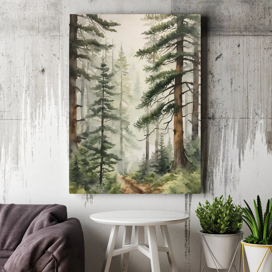 Foggy Pine Forest Canvas Wall Art | Misty Woodland Watercolor Print | Premium Gallery Wrapped Decor | Nature Lover Gift for Home Office
