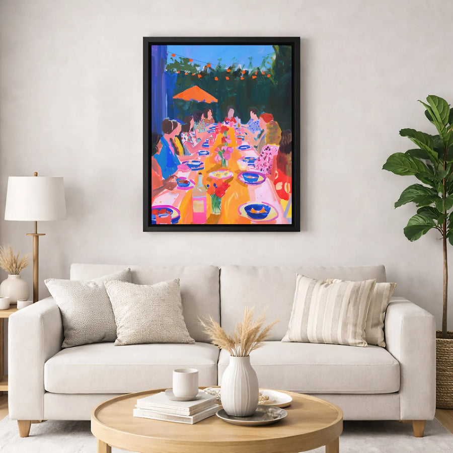 Outdoor Dinner Party Canvas Print | Colorful Impressionist Dining Scene Wall Art | Gallery-Quality 1.25 Inch Canvas | Vibrant Home Decor Gift