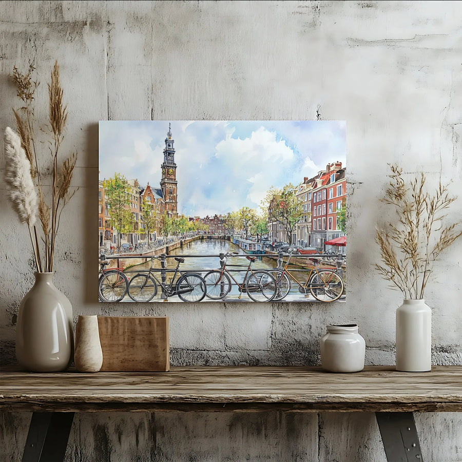 Amsterdam Canal Canvas Art | Watercolor Westerkerk Tower Scene | Premium Gallery-Wrapped Print | Travel Lover Home Decor Gift