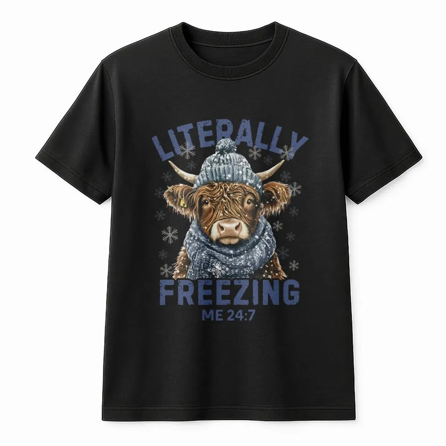 Highland Cow Winter T-Shirt | Literally Freezing Graphic Tee | Premium 100% Cotton Apparel | Cute Funny Animal Gift For Her