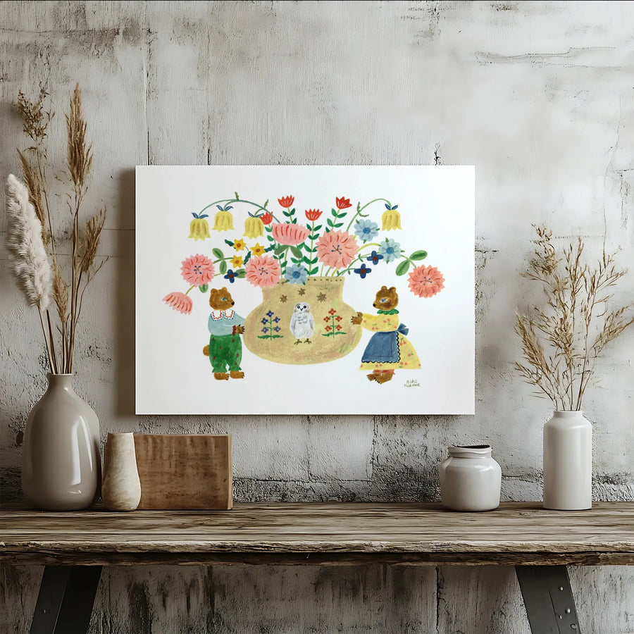 Whimsical Bear Canvas Wall Art | Folk Art Floral Illustration | Premium Fade-Resistant Print | Unique Nursery & Kids Room Decor Gift