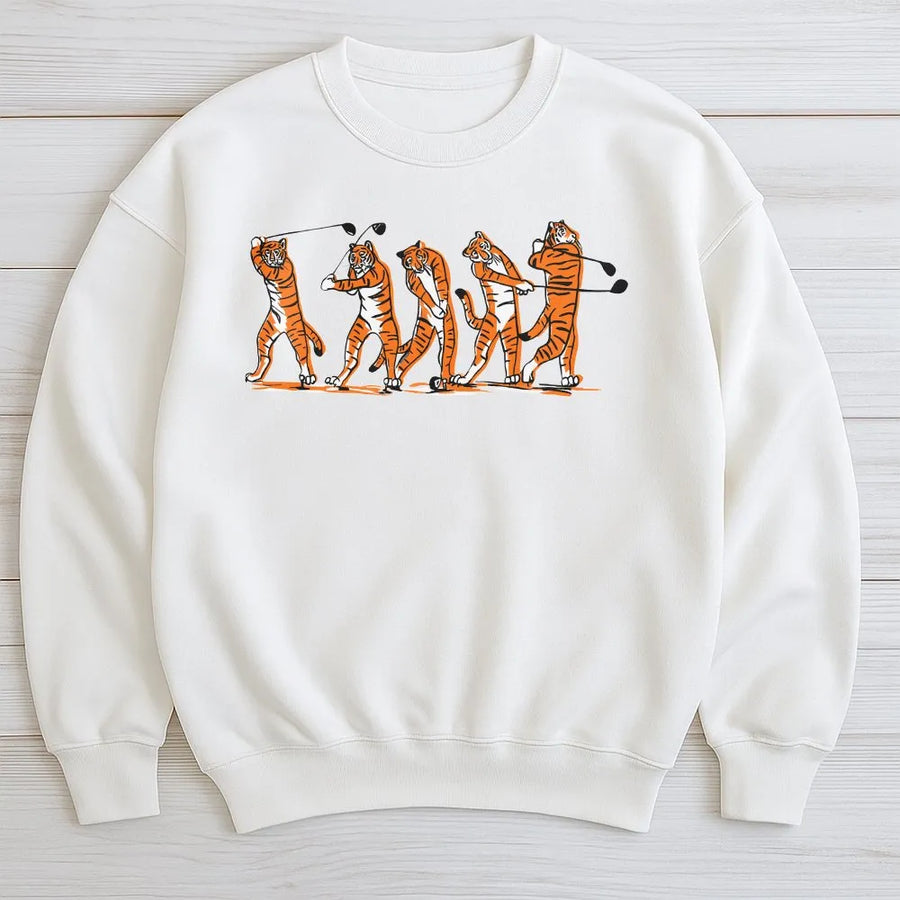 Tiger Golf Swing Sweatshirt | Funny Animal Golfer Graphic | Cotton Blend Premium Pullover | Unique Sports Gift for Men and Women