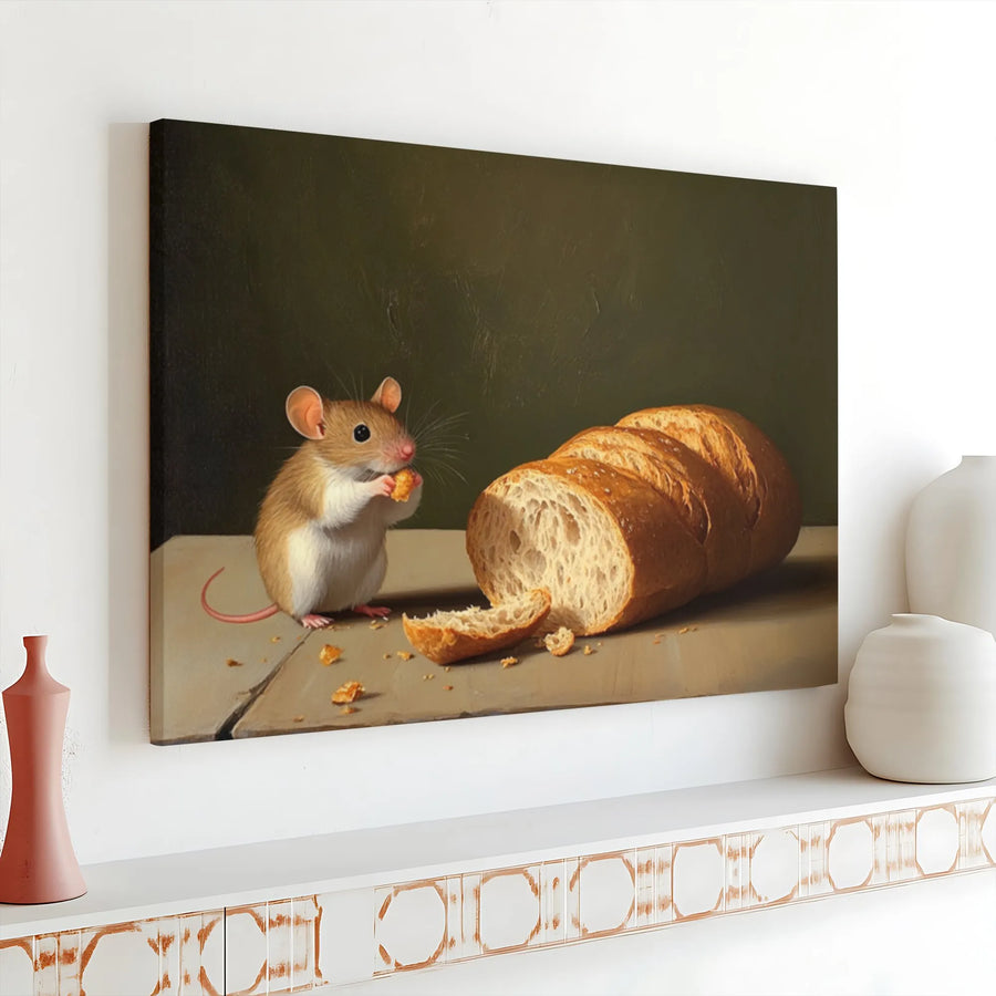 Mouse and Bread Canvas Wall Art | Vintage Oil Painting Style Still Life | Premium Gallery Wrapped Print | Whimsical Cottagecore Kitchen Decor Gift