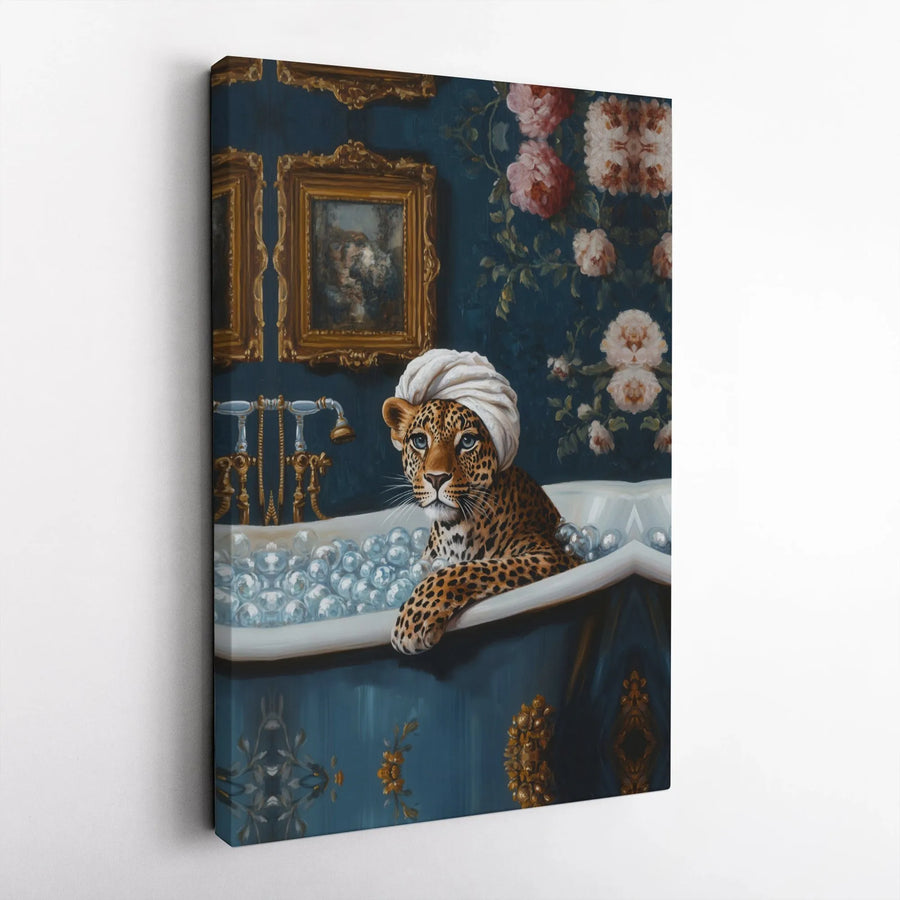 Leopard in Bubble Bath Wall Art | Whimsical Animal Portrait with Turban | Premium Fade-Resistant Canvas | Unique Bathroom Decor Gift