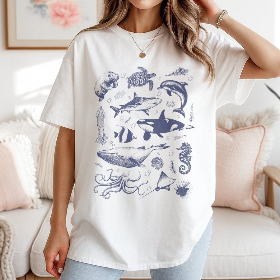 Ocean Sea Life T-Shirt | Vintage Marine Biology Sketch Graphic | Premium 100% Cotton Tee | Wildlife Gift for Ocean Lovers & Nature Enthusiasts