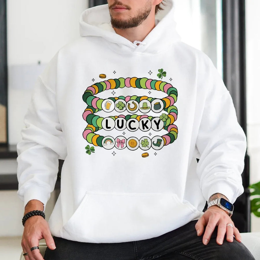 Lucky Friendship Bracelet Hoodie | St. Patricks Day Coquette Aesthetic | Soft Cotton-Blend Pullover | Cute Irish Gift for Her