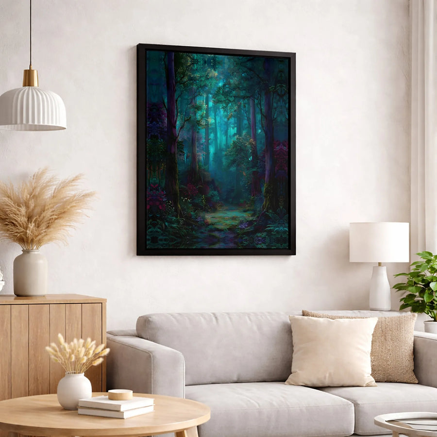 Enchanted Forest Canvas Wall Art | Glowing Teal & Purple Fantasy Landscape | Premium Fade-Resistant Gallery Print | Magical Home Decor Gift